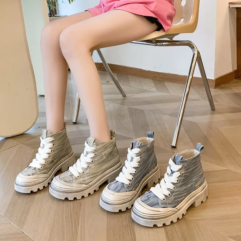 

Women Vulcanize Shoes Solid Color Lace Up High -top Sports Shoes Rubber Walking Classic Autumn Platform Shoes Zapatillas Mujer