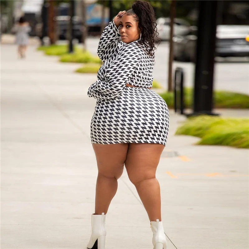 Plus Size Two Piece Set Women Clothing Long Sleeve Bandage Top High Waist Mini Skirts Sets Fall Clothes Whole 3xl 4xl 5xl 6xl
