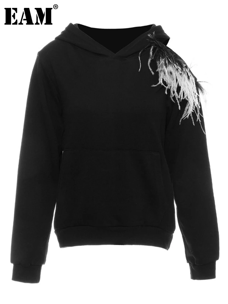 

[EAM] Loose Fit Black Irregular Feather Sweatshirt New Hooded Long Sleeve Women Big Size Fashion Tide Spring Autumn 2022 1DD2352