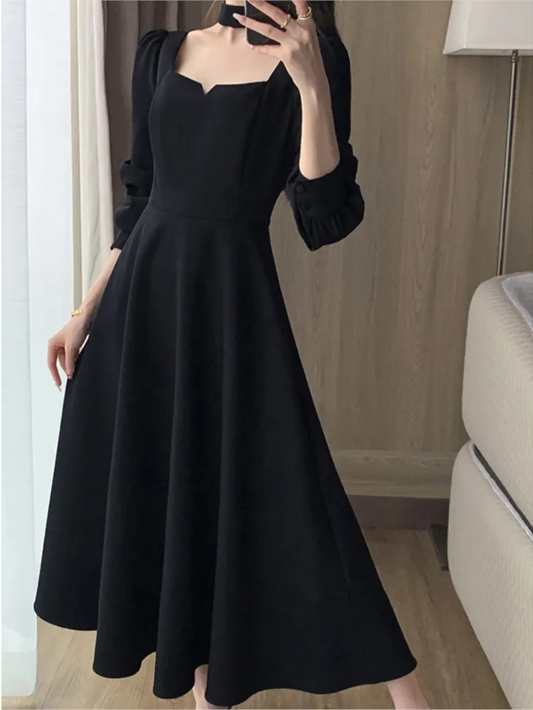 

Женское винтажное вечернее платье миди, элегантное черное платье-трапеция во французском стиле с квадратным вырезом, одежда для выпускного вечера, осень 2023