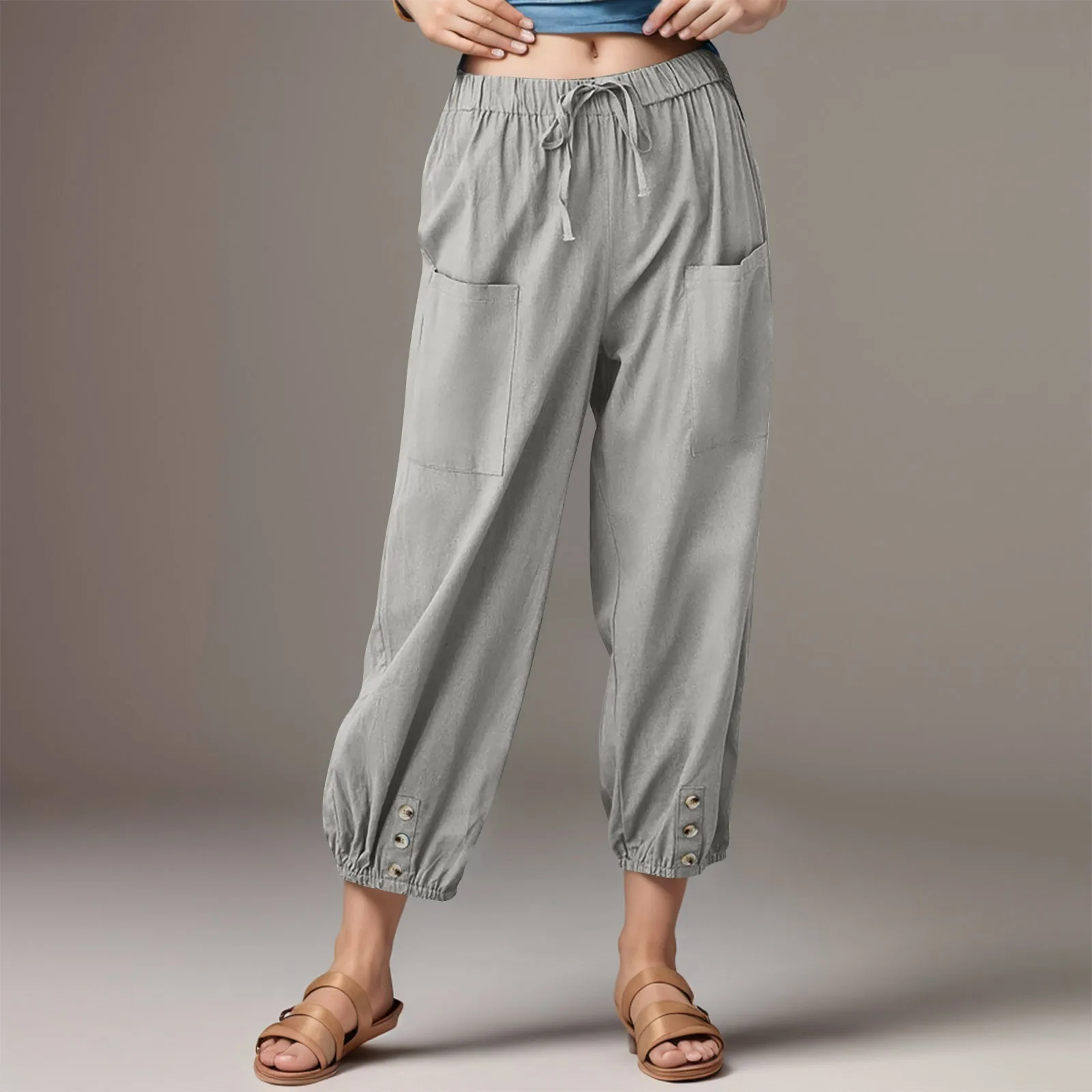 Повседневные женские шаровары длиной до щиколотки из смеси хлопка и льна с