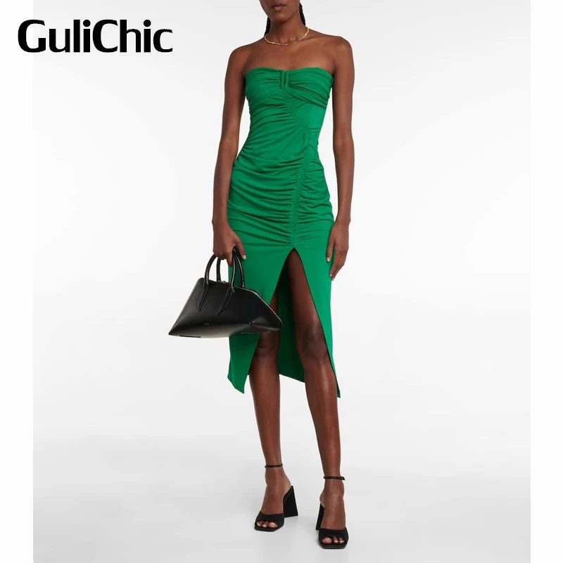 

7.11 GuliChic Women Temperament Green Backless Ruched Slim Knitted Strapless Sexy Split Dress