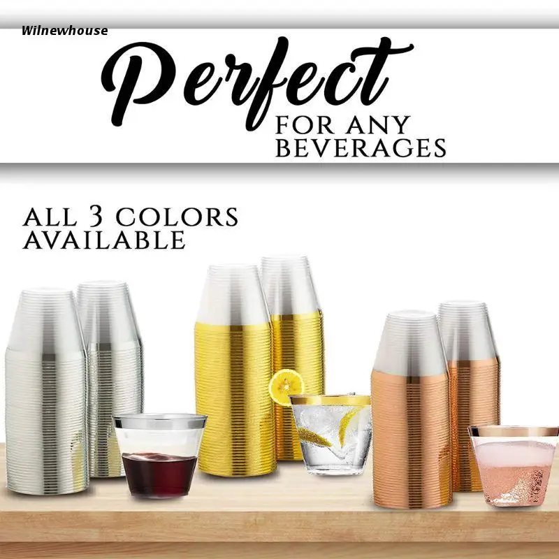 

100 Золотые пластиковые чашки F63A, 9 унций, прозрачные пластиковые чашки, старомодные стаканы, чашки с золотой оправой, Необычные одноразовые С...