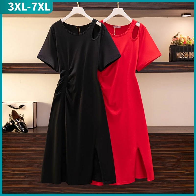 

Женское свободное платье с коротким рукавом, свободное красное платье средней длины из хлопка с дырками, большие размеры 3XL, 4XL, 5XL, 6XL, 7XL, Новинка лета 2022