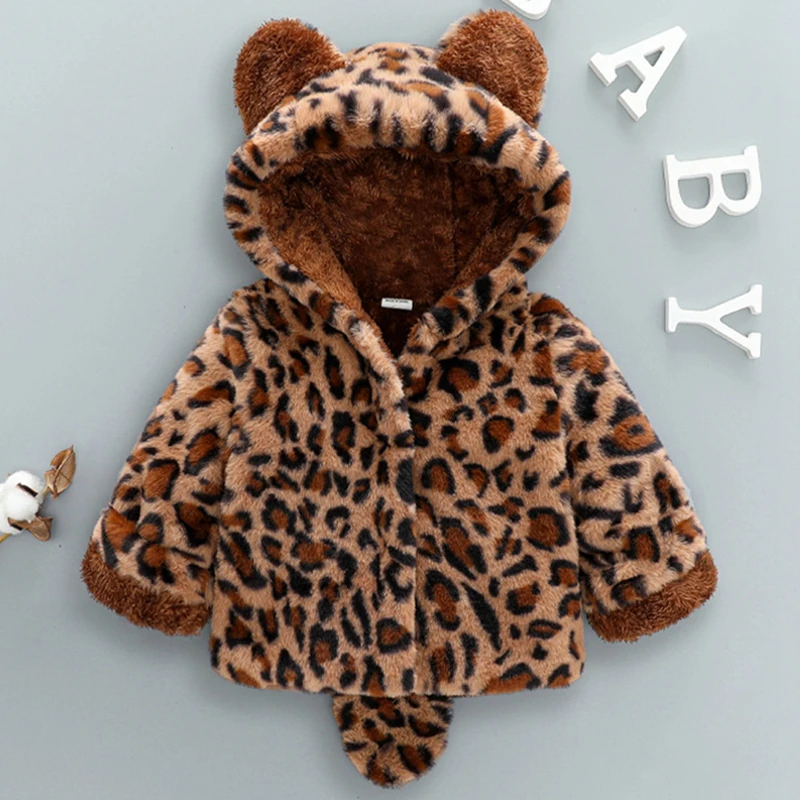 

Winter Warm Baby Jacket Plush Leopard Cartoon Hooded Costume Girls Coat Autumn Outerwear Kids Clothes 0-4 Years