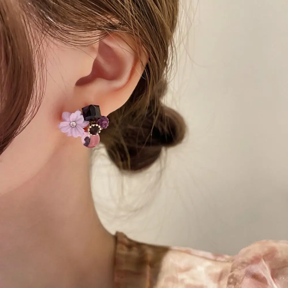 

Korean Style Cat Eye Stone Crystal Stud Earrings for Women Sweet Pink Green Purple Flower Earrings Girls Party Jewelry