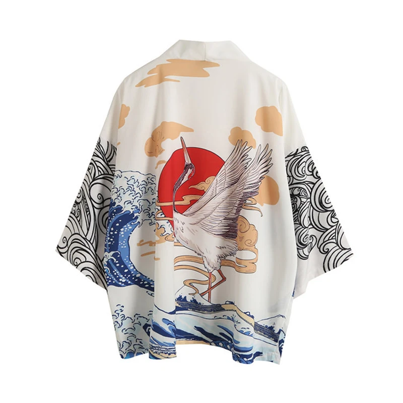 

Summer Japanese Vintage Crane Pattern Kimono Cardigan Jacket Men's Loose Taoist Robe Print Couple Kimonos Shirts Women Tang Suit