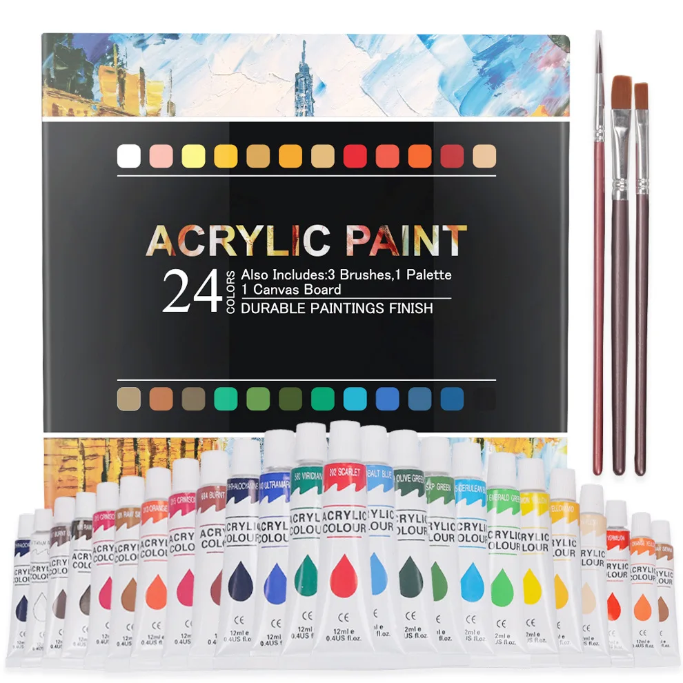 24Colors 12ml Acrylic Paint Set for Fabric Painting Clothing Pigments Art Professional Artist Painting Wall Paint DIY