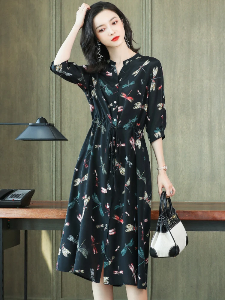 

UMI MAO Women's Clothing Mulberry Silk Dress New Mid-waist Printing Temperament High-end Commuter Mid-length Large Swing Y2K