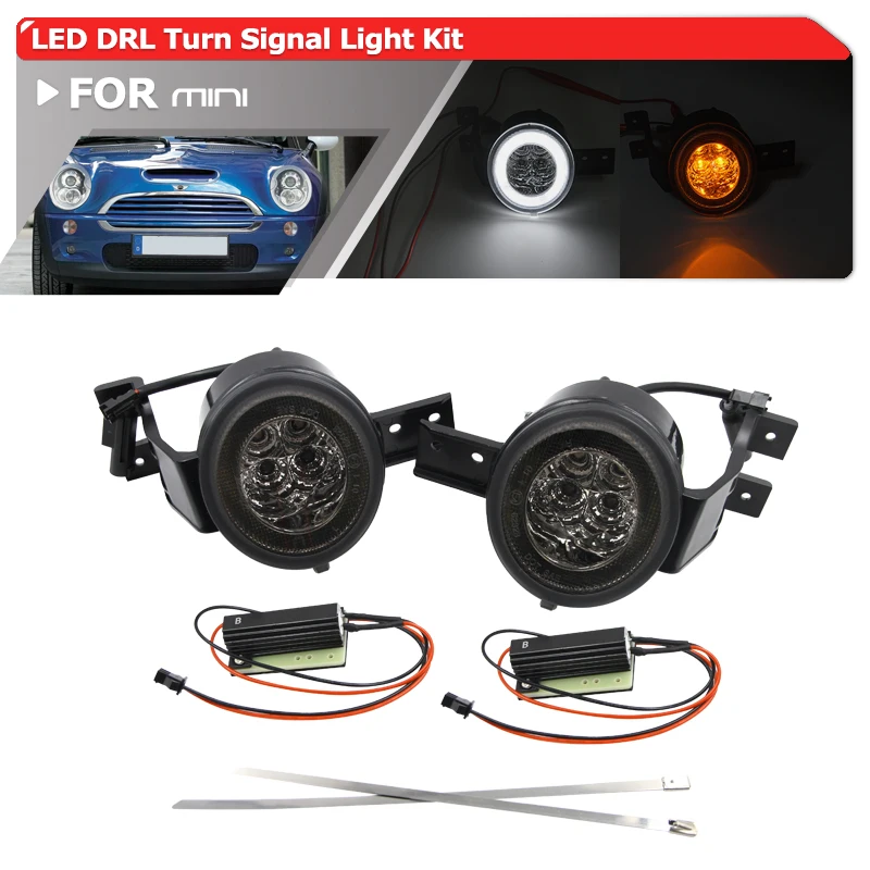 

2x Smoked 2-in-1 White DRL Position Light Amber Led Turn Signal Lamp For Mini Cooper R50 R53 Hatchback R52 Convertible