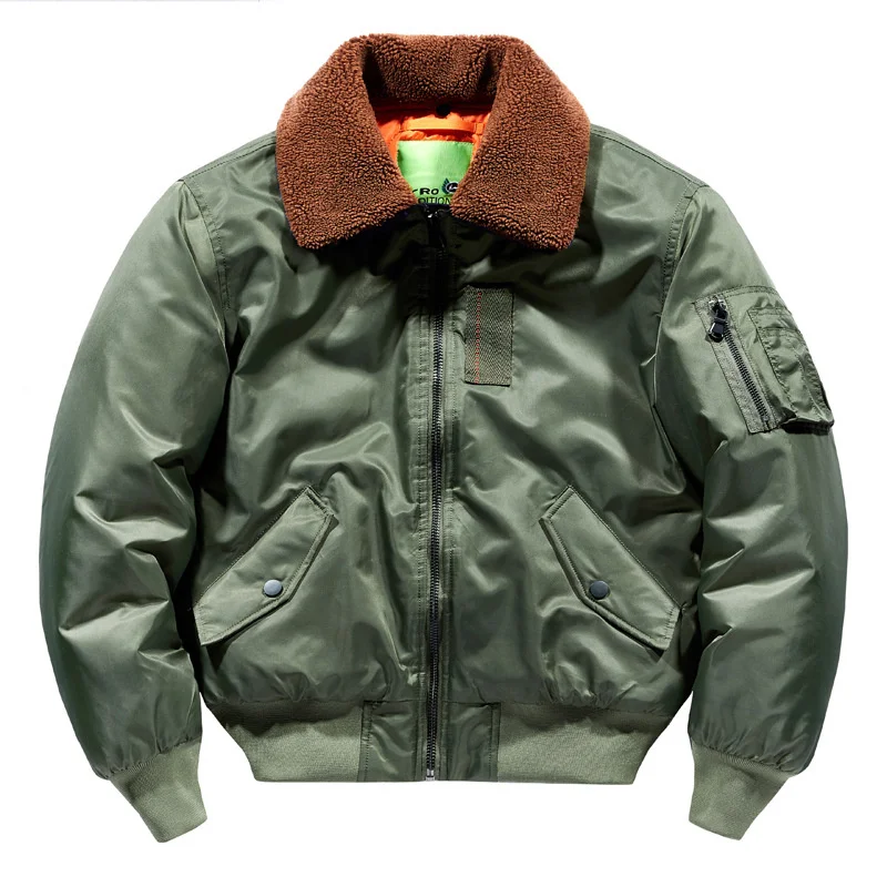 

Winter Thermal Bomber Jacket Solid Color Multi-pocket Tactical Outwear Fur Collar Army Men Techwear Loose Army Flight Pilot Coat