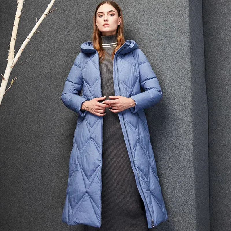 90 White Duck Down Jacket Women Autumn Winter 2022 New Mid-Length Over-The-Knee Hooded Parkas Thick Warm Solid Color Coat Female