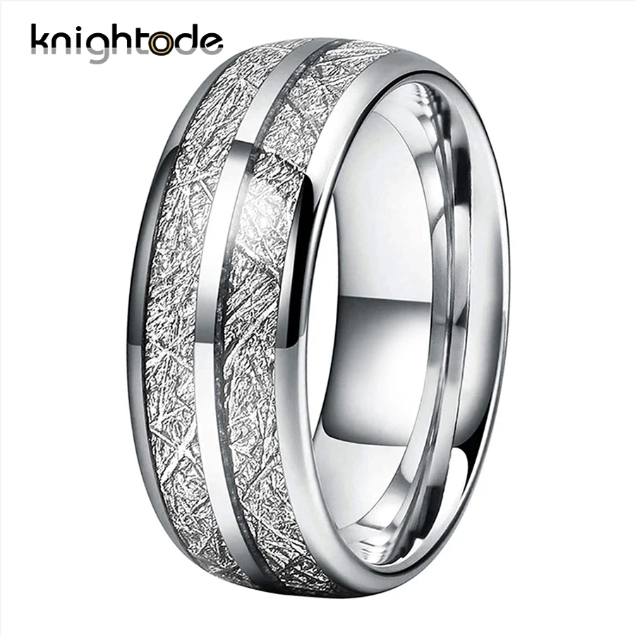 

3 Color 8mm Tungsten Carbide Wedding Band Double Grooves White Meteorite Inlay Anniversary Ring Polished Dome Comfort Fit