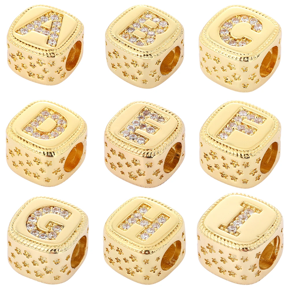 

Gold Color Alphabet Letter Word Cube Micro Pave Charms A-Z Big Hole Baeds Charms for Jewerly Making Supplies Bracelet Necklace