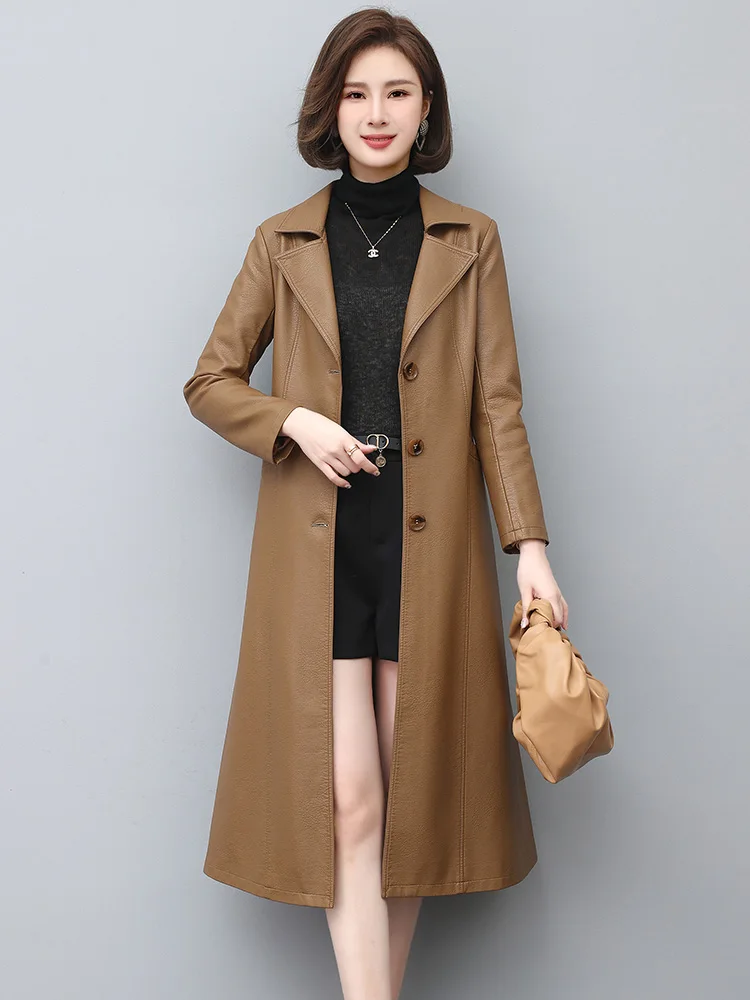 New Women Leather Trench Coat Spring Autumn Fashion Classic Suit Collar Long Sheepskin Outerwear Slim Split Leather Tops Coat