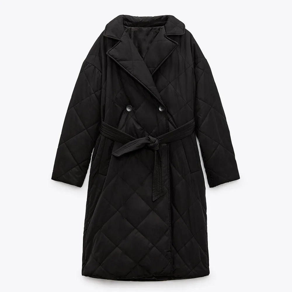 

PB & ZA2022 early autumn new women's clothing fashion temperament rhombus black loose double-breasted belt cotton-padded jacket