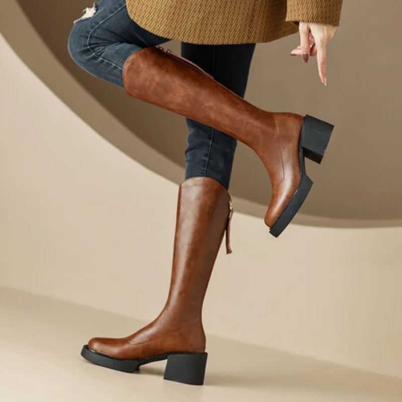 Autumn and Winter Full Leather High Tube Plush Single Lining Leather Boots with Zipper for Women's Boots Brown Long Boots