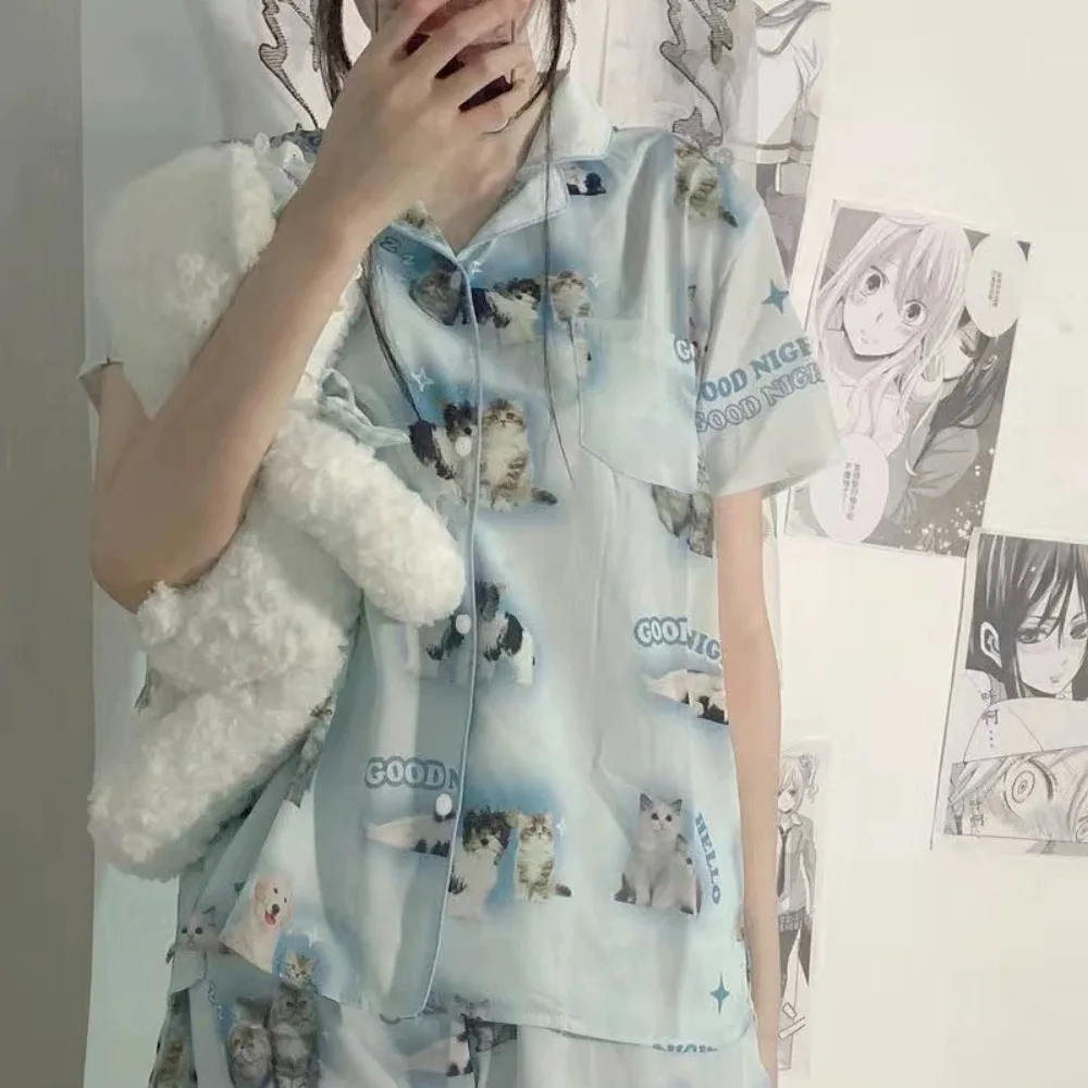 Пижамный комплект Женский Летний из 2 предметов Мягкая атласная пижама с принтом