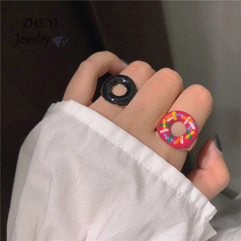 

ZHEYI Romantic Lisa NONENON Donut Enamel Ring for Women New Fashion Ins Style Metal Adjustable Ring Female Dancing Party Jewelry