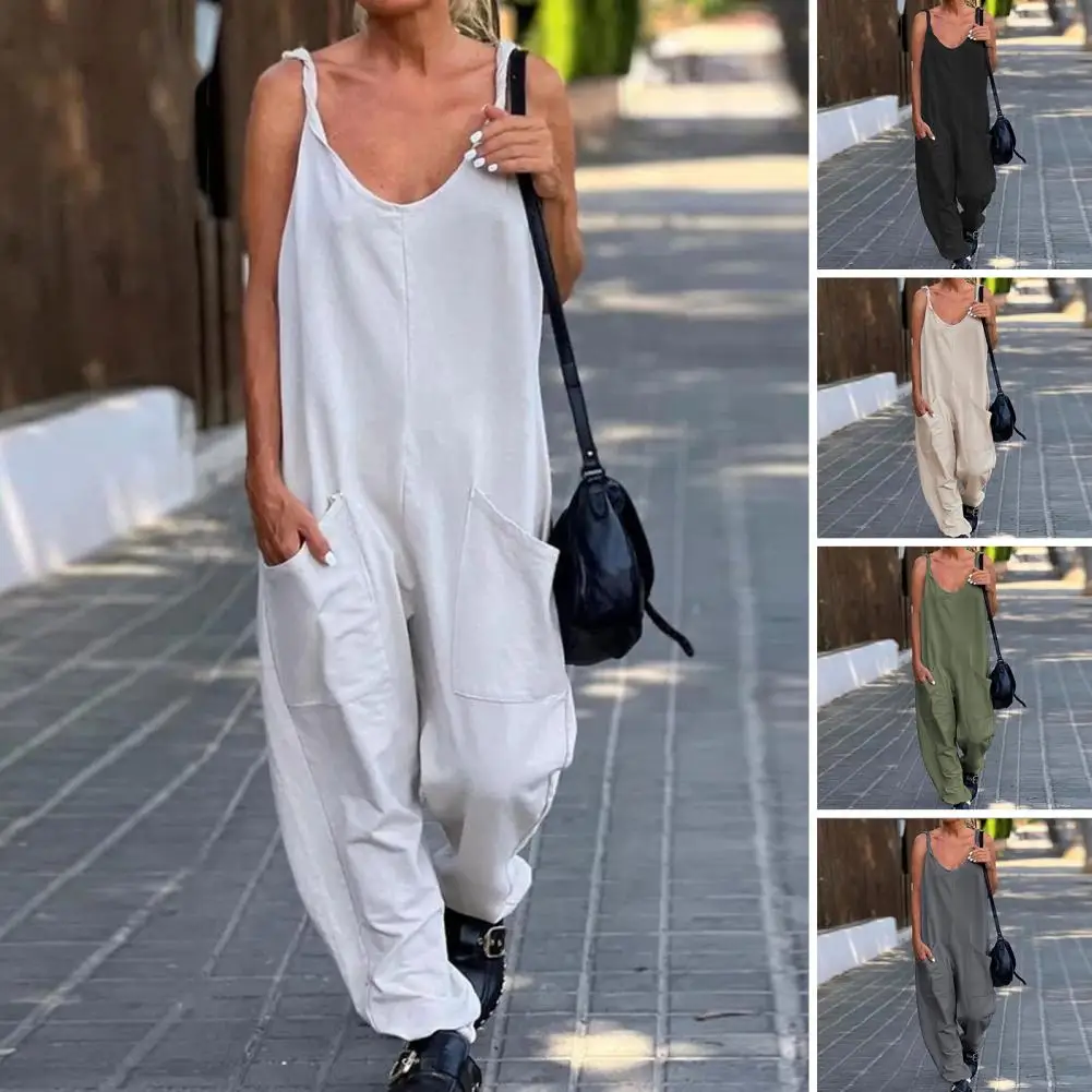 

Women Casual Jumpsuits Summer Outfit Clothes Inelastic Sleeveless Loose Wide Leg Rompers with Large Pocket Homewear Cotton Pants
