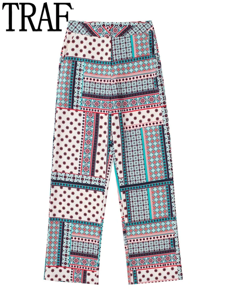 

TRAF Printed Wide Leg Pants Women High Waist Palazzo Woman Trousers Streetwear Casual Baggy Pants Sets Fashion Fluid Trousers