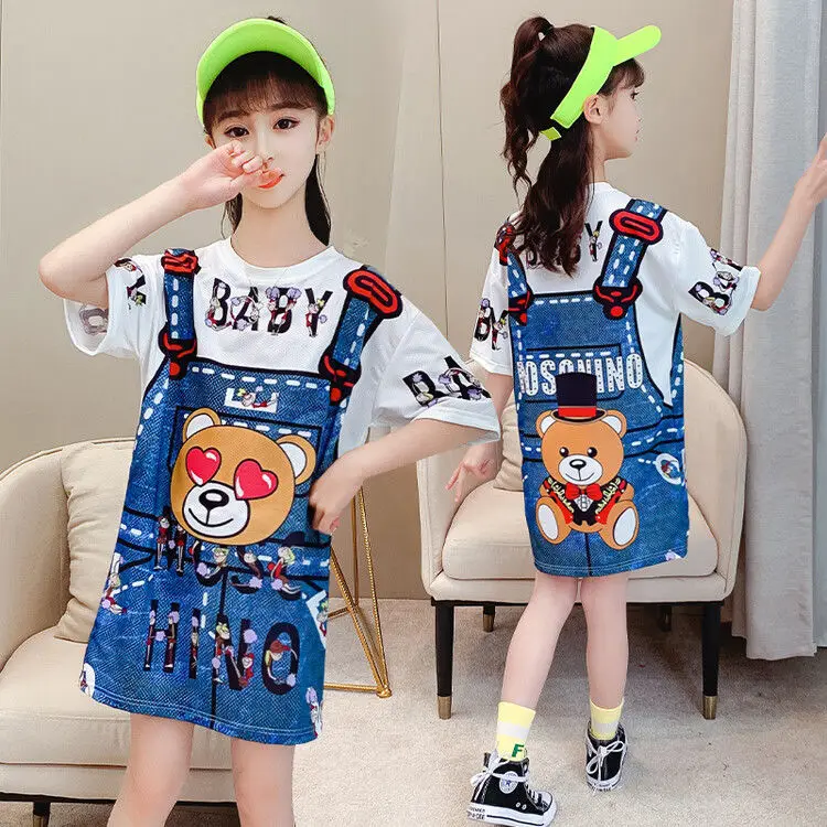 

Girls' Medium and Big Children's Summer Wear New Quick-Drying Mid-Length T-shirt Children's Net Red Short Sleeve Loose Dress