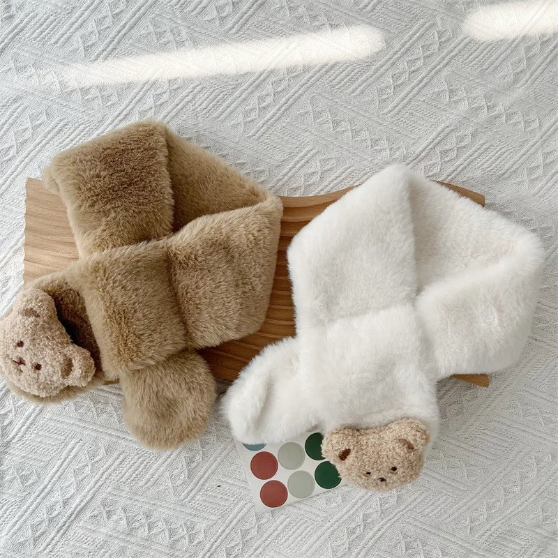 

Зимний детский шарф, теплый удобный плюшевый мультяшный медведь, милые белые и коричневые шарфы для детей, аксессуары для зимней одежды для ...