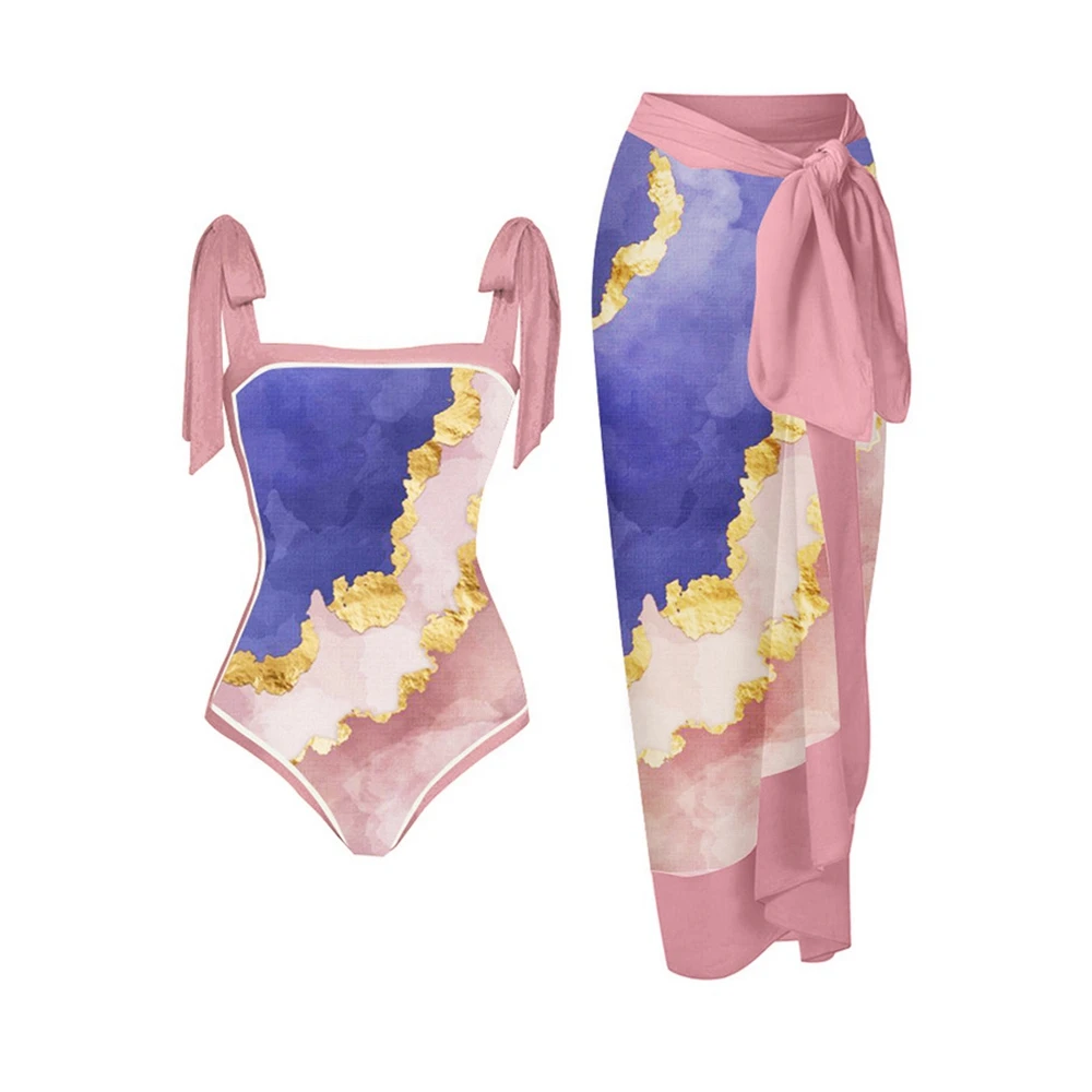 

Casual Floral Print Sexy Beach Bikini Set Bodysuit & Lace-up Skirts Swimsuits for Women Spaghetti Strap 2 Pieces Set Swimwear