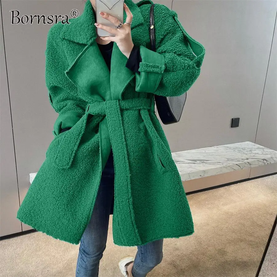 

Bornsra 2021 Coat Lambs Coat Women's Winter Mid-length Thick Hepburn Style Long Woolen Coat Turn-down Collar green winter coats