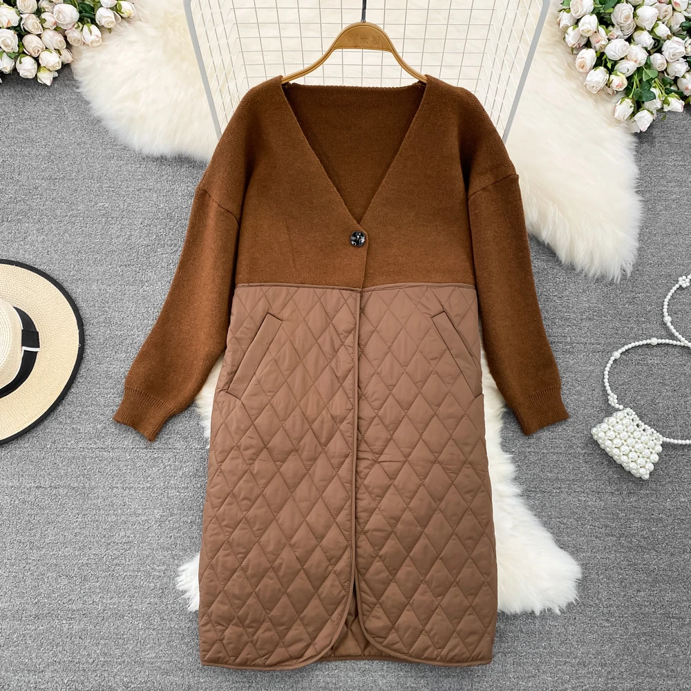 

VANOVICH Autumn and Winter New Vintage Solid Korean Style Design Long Coat V-neck Knitting Patchwork Loose Slim Quilted Coats