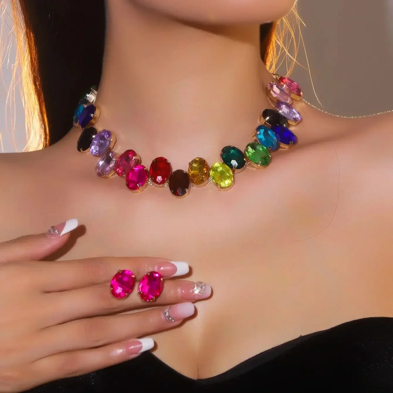 Design sense of colorful geometric oval rhinestone necklace earrings two-piece fashion exquisite personality jewelry set