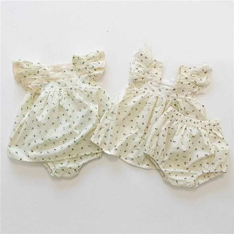 

Летнее платье с цветочным рисунком для маленьких девочек 2 предмета, платье для новорожденной + шаровары, комплекты одежды для маленьких дев...