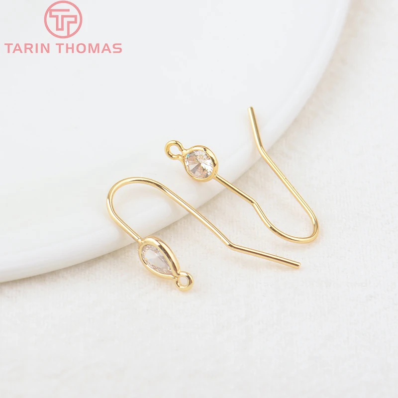 

(2594)6PCS 10x22MM Hole 1MM 24K Gold Color Brass Earrings Hooks with Drop shape Zircon High Quality Jewelry Findings Accessorie