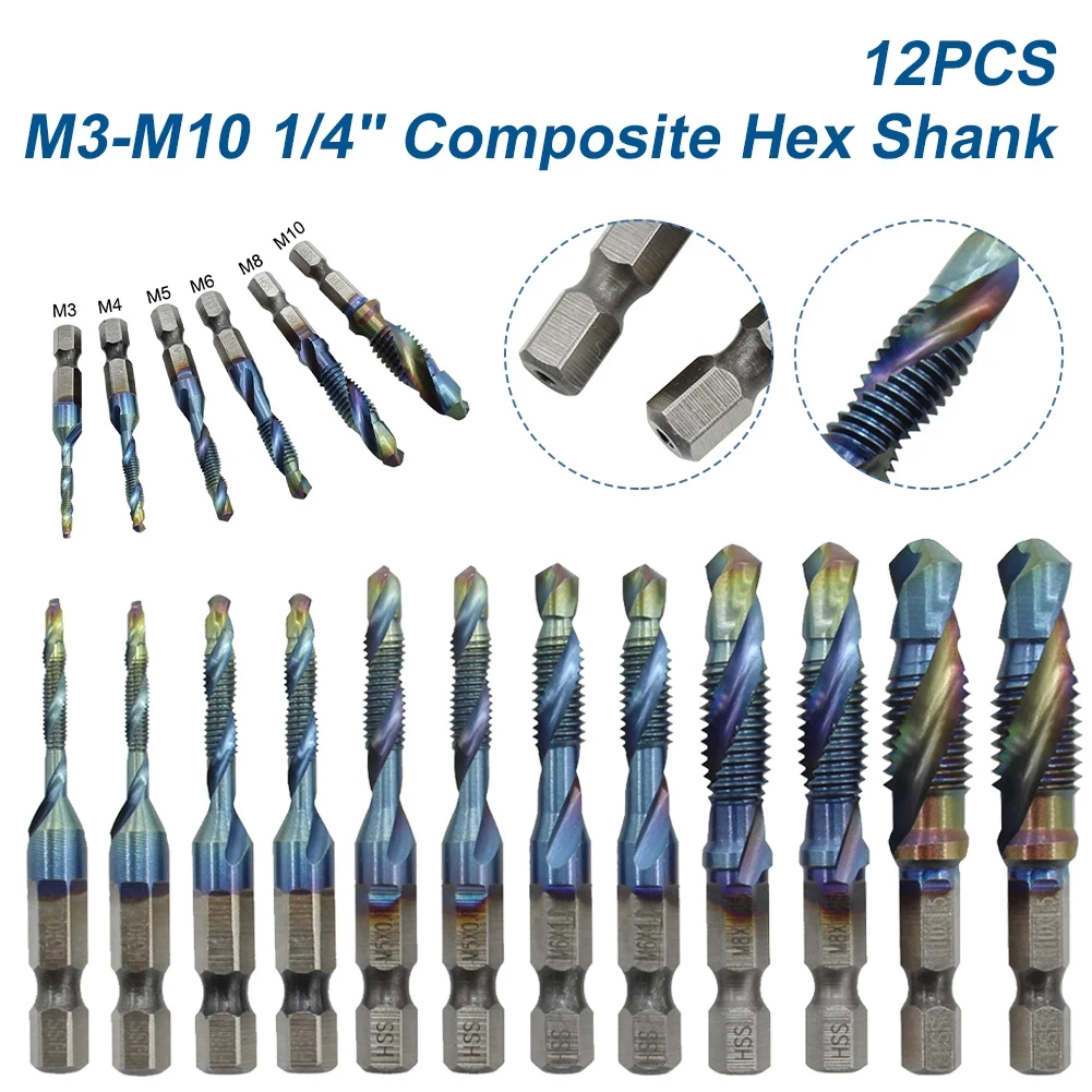 

12Pcs M3-M10 Composite Hex Shank HSS Metric Screw Thread Blue Tap Drill Bits Set Metric Drilling Tapping Integrated Compound