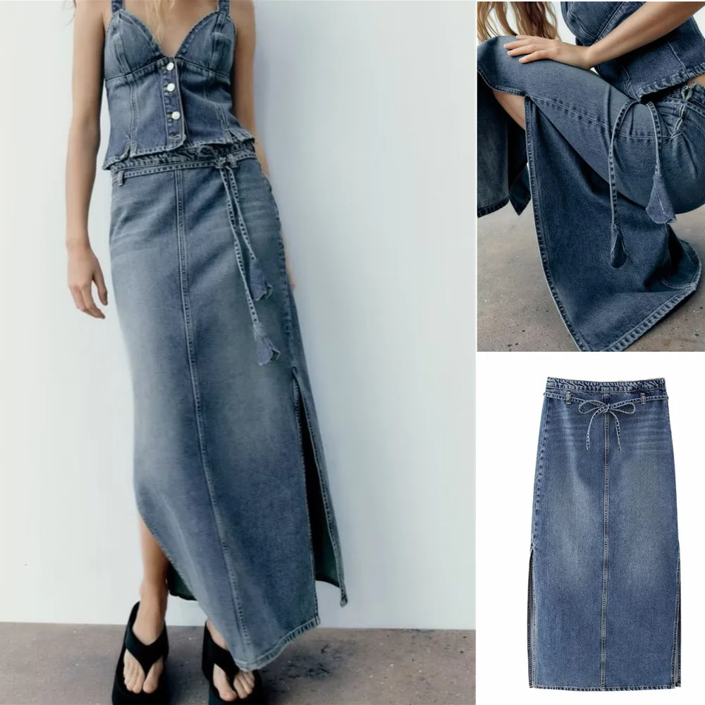 

BM&MD&ZA 2023 Spring Mid-length Slit Bag Hip Belt Flower Decoration Skirt High Waist Denim Skirt Vestidos Mujer 8197045