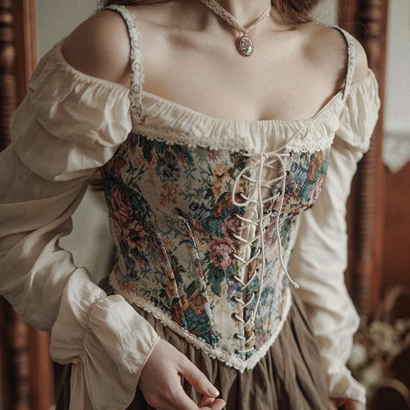 

2023 Women Elegant Designer French Vintage Print Halter Tops Chic Bandage Floral Corset Shirts Sexy Style Party Club Ladies Top