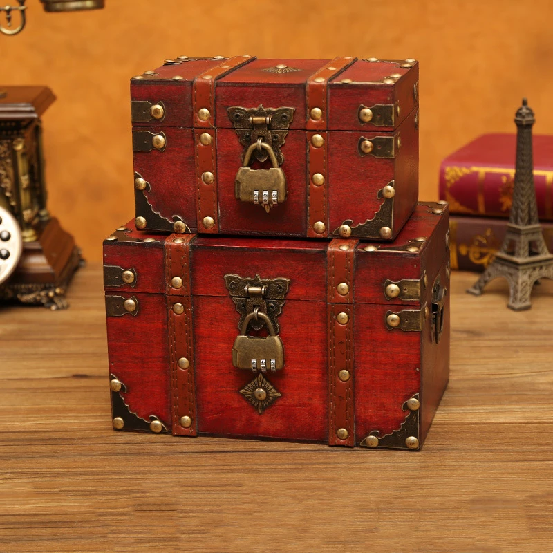 

Vintage Wooden Treasure Chest Decorative Wood Jewelry Storage Trunk Box with Metal Lock for Pirate Keepsake Antique Style