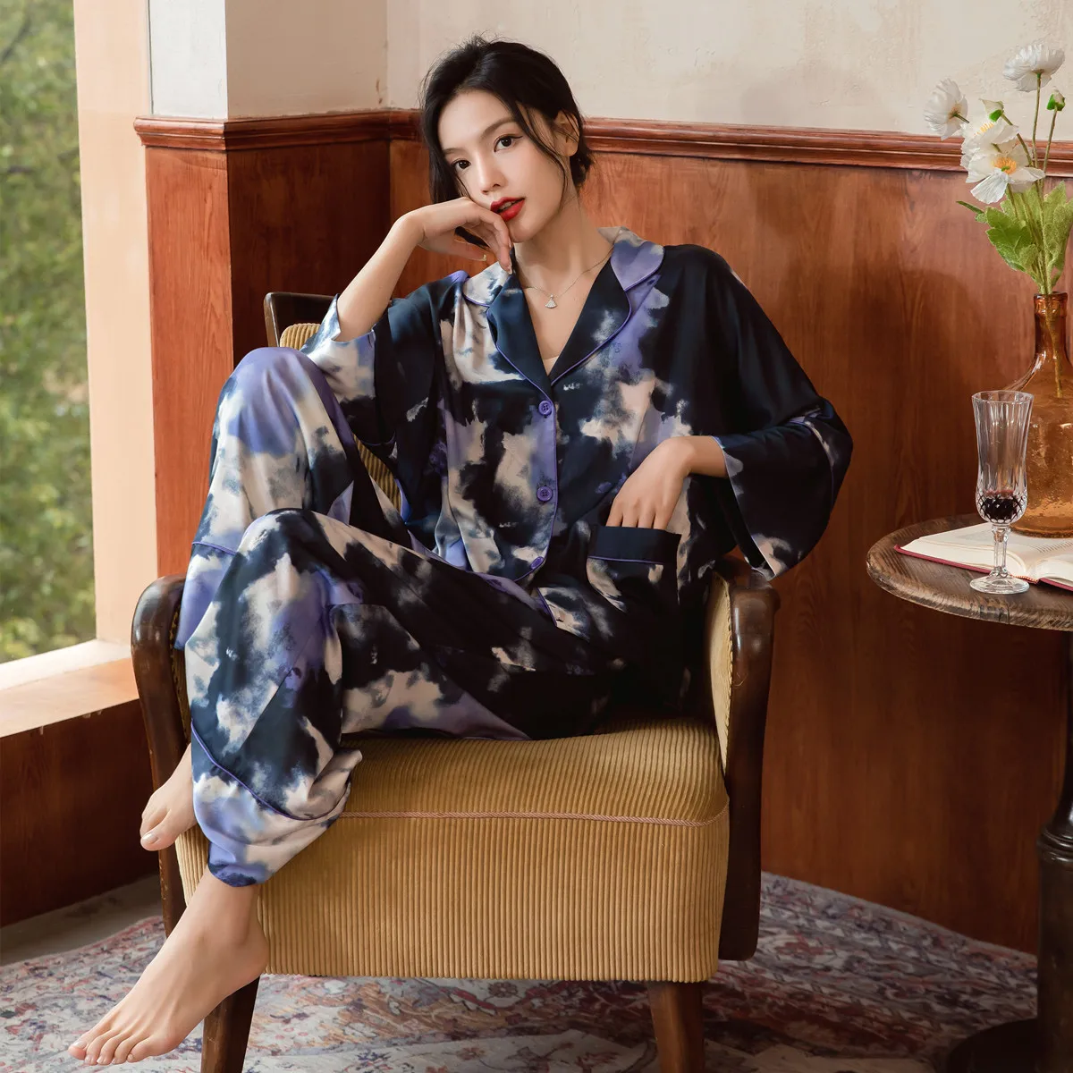 

Women's Pajamas Set Fashion Purple Tie Dye Print Silk Like Sleepwear Loose Nightwear Leisure Homewear Femme Silk Home Service