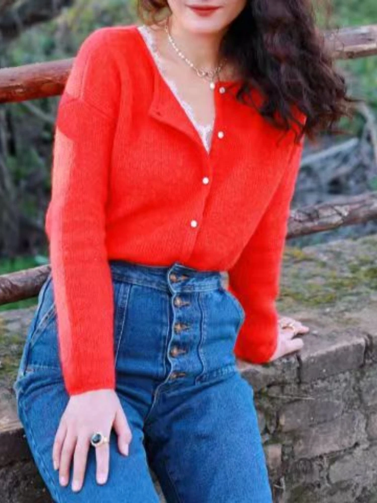 

Женский свитер, Осенний шерстяной мохеровый кардиган, простой модный вязаный кардиган с круглым вырезом