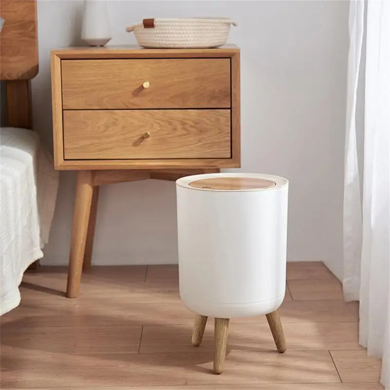 

Large Capacity High Foot Trash Bin Round Trash Bin With Wood Grain Cover Desktop Cover Dustbin Nordic Style Recycling Press