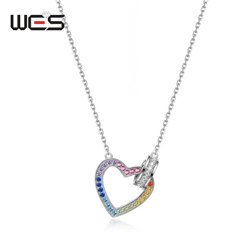

WES 925 Sterling Silver Necklace for Women Rainbow Colorful Zicron Heart Lovely Engagement Birthday Gift Fine Jewelry