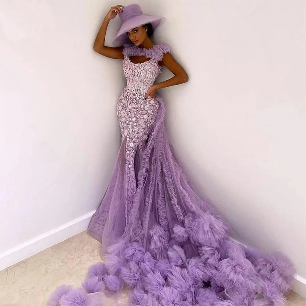 

Elegant Mermaid Prom Dresses Short Sleeves Beading Applique With Ruffles Tulle Train Party Dress Evening Gown Robe De Soirée