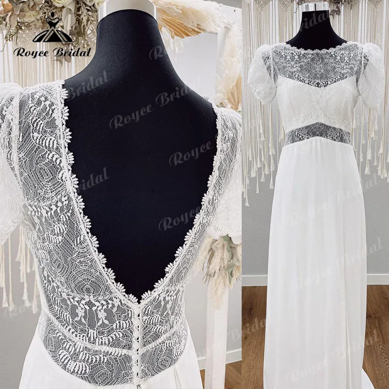 

A Line Wedding Dress Short Puff Sleeve Lace Open Backless Illusion Bridal Gown Beach trouwjurk Robe de mariee Floor Length 2022