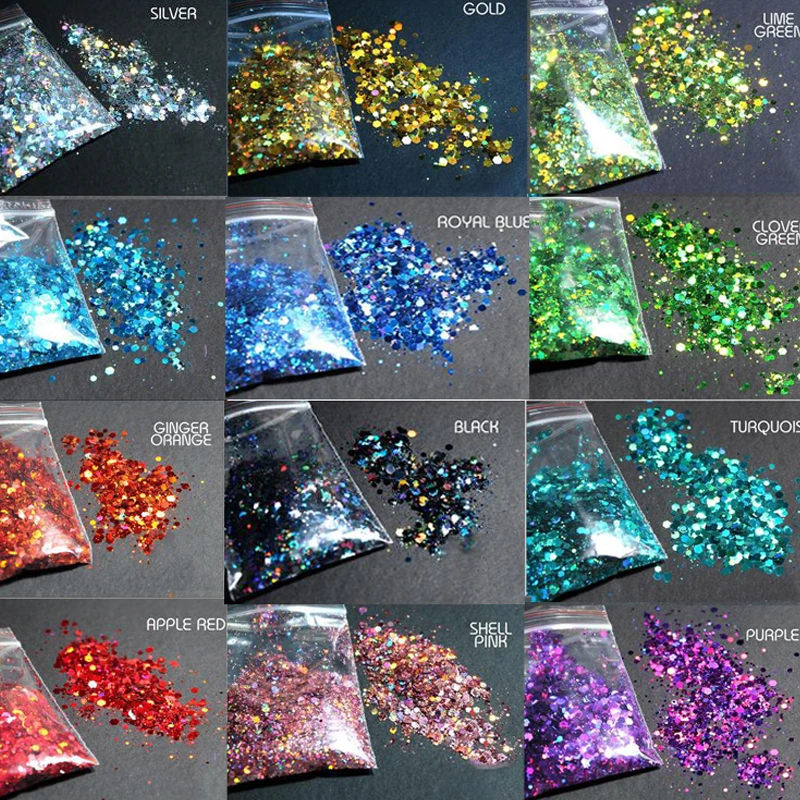 Chunky Colors Bulk Glitter 50grams 24 Colors POLYESTER HOLOGRAPHIC Chunky Holographic Glitter Nail Sequins Glitter Flakes Mix -#