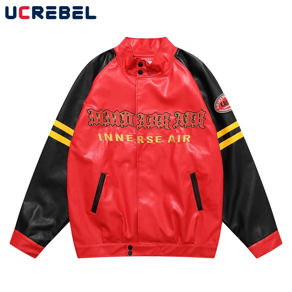

Letter Embroidery Pu Leather Jacket Mens Winter Loose Raglan Sleeve Motorcycle Jacket Streetwear Color Block Casual Outerwear