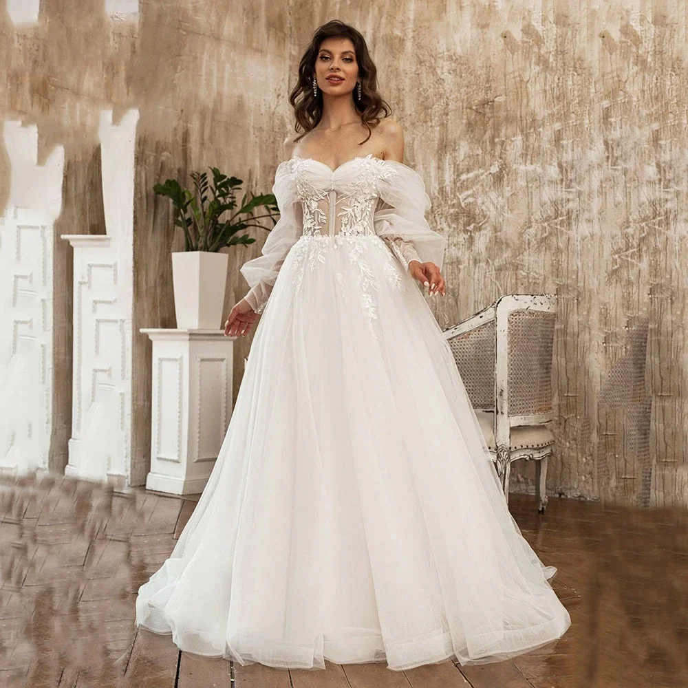 

Romantic A-Line Wedding Dress Off Shoulder Lace Appliqued Lace Up Sweetheart Bridal Gown Tiered Ruffles Tulle Vestidos De Novia