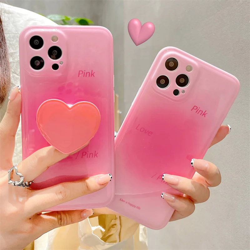 

Ins Hot Luxury Sweet Peach Pink Phone Case For iphone 13 12 Mini Pro 11 XS Max XR 7 8 Plus X Soft Back Cover Love Heart Holder