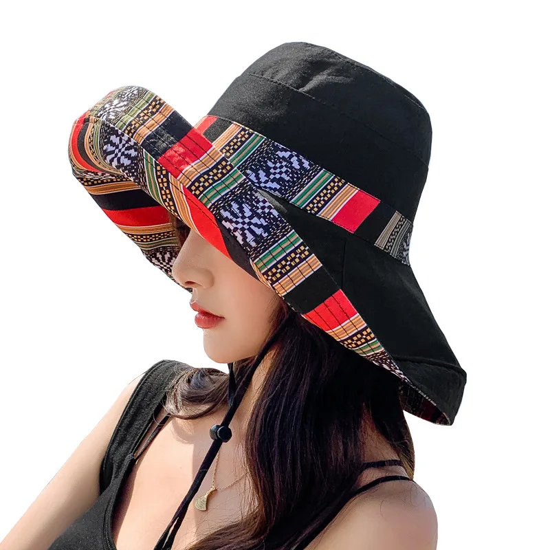 Women Bucket Hat Wide Brim Sun Hats Metal Wired Edge Summer UV Protection UPF Boho Cap for Beach Hiking Garden Travel Chin Strap