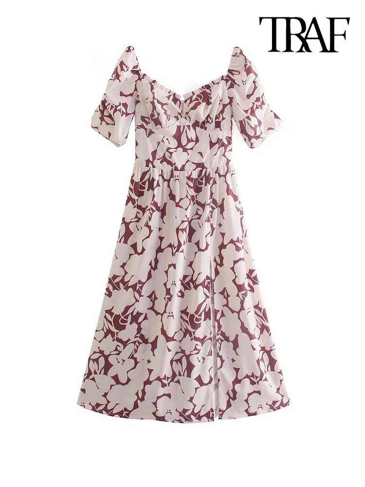 

TRAF Women Fashion Front Slit Printed Midi Dress Vintage Short Sleeve Backless Zipper Female Dresses Vestidos Mujer