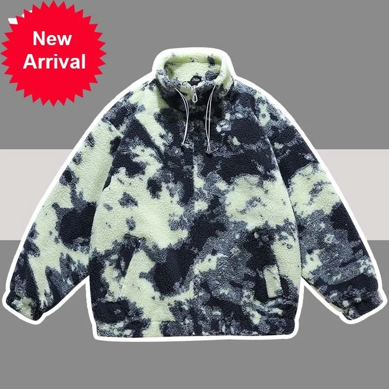

Dye Winter Coat Tie Men Casual LambWool Parka Streetwear Hip Hop Grain Fleece Coat Loose College Warm Outwear Unisex 2023 New